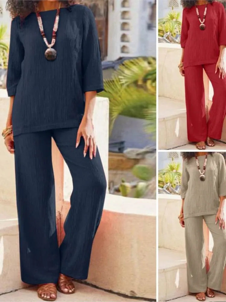 Women's New Spring Summer Collections Of Pure Color Round Collar Vintage Linen Two-piece Casual Fashion Loose Style Suit 2025