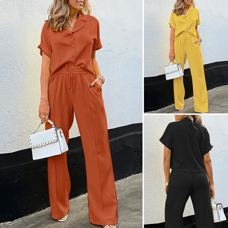 Women's Solid Outfits Two Piece Sets Summer Loose Short Sleeve Lapel Button Drawstring Wide Leg Suit Female Fashion Casual Set