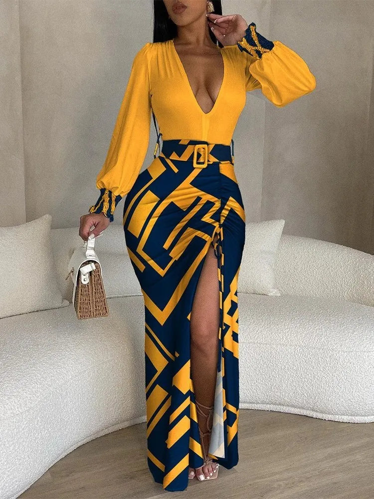 Women's Fashion Print Drawstring Belt Slim Maxi Dresses Sexy Deep V Neck Split Bodycon Dress Autumn Casual Long Sleeve Dress