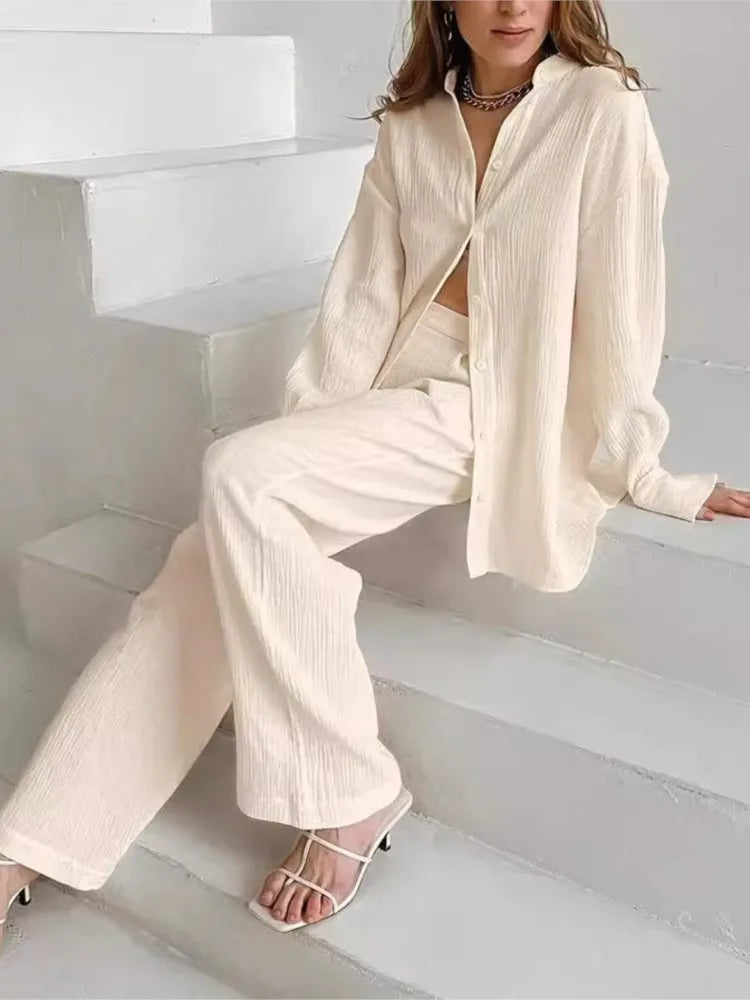 Spring Casual 2-Piece Set European Style Vintage Solid Color Long Sleeved Button Shirt Women's Loose-Fit Straight Wide Leg Pants