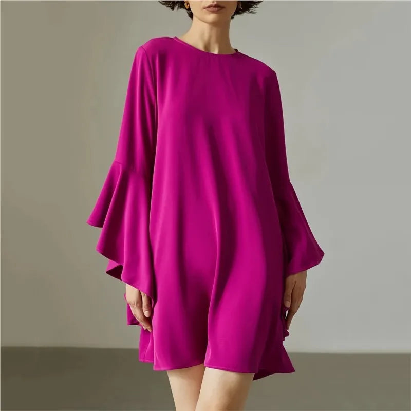 2024 Spring Autumn Fashion Solid Mini Dress New Elegant Women's Round Neck Ruffled Sleeves Loose Casual Office Lady Dresses Robe