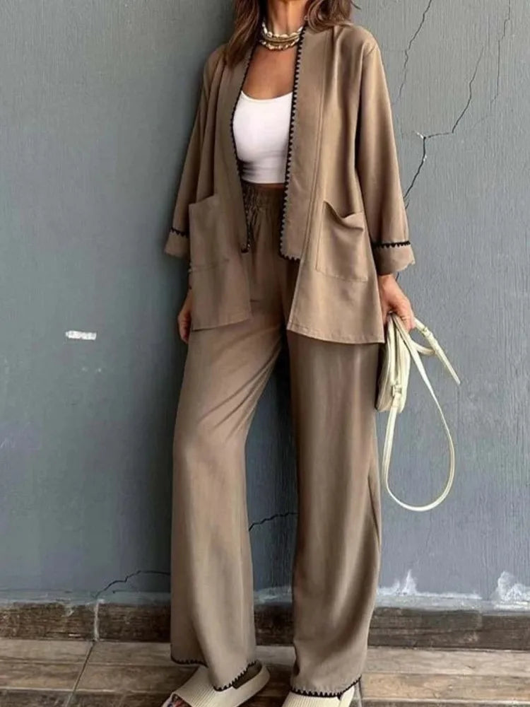 Spring Autumn Elegant Long-sleeved Cardigan Top Wide-leg Pants Piece Set For Women New Fashionable  Solid Pocket Loose New Suit