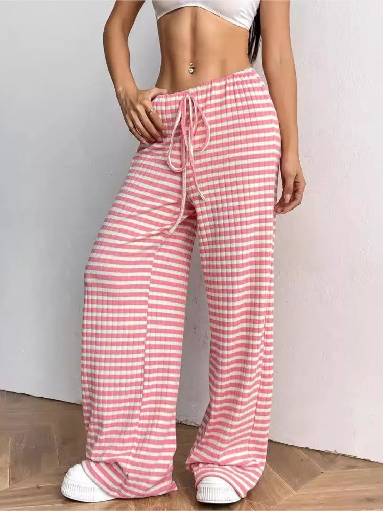 Spring Autumn Women's New Casual High Waist Drawstring Striped Printed Striped Elastic Rope Cotton Straight Leg Pants