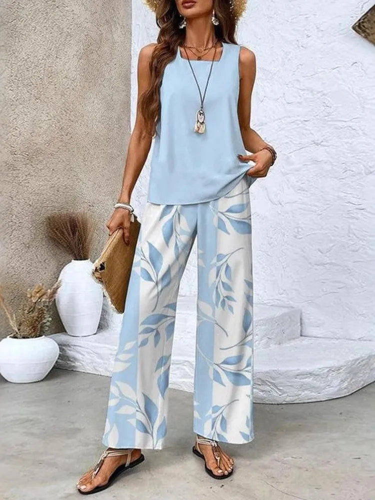 2025 New Women's Fashion Flower Stripe Print Two-Piece Set Square Collar Sleeveless Double Layer Vest & Long Pants Female Sets