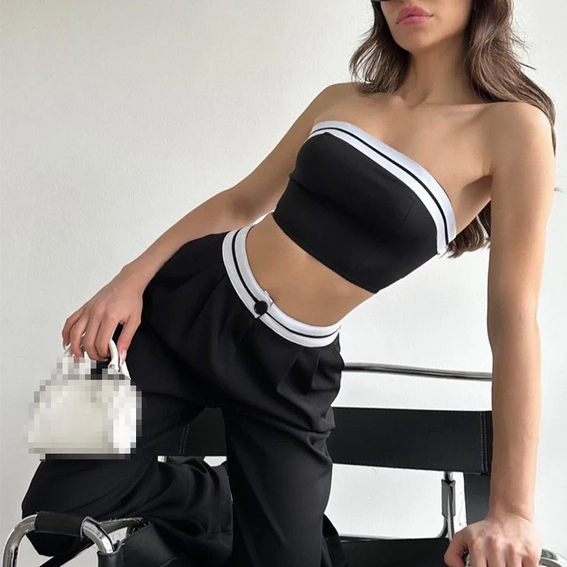 Women's Hot Girl Outer Wear Sports Vest Tube Top Contrast Color High Waist Wide Leg Trousers Casual Suit Summer Strapless Sets