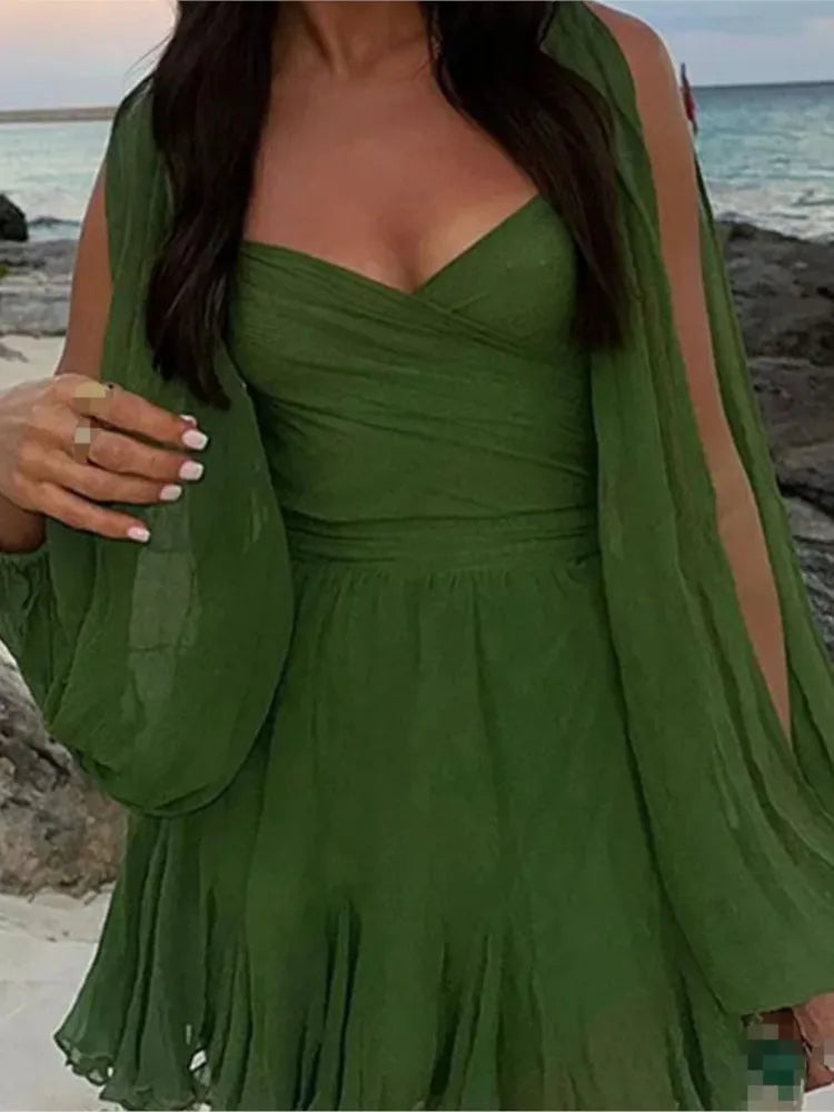 Summer Women's Sexy Chiffon Mini Dress Elegant V Neck Slit Long Sleeve Ruffled High Waist Dress Women's Resort Beach Tulle Dress