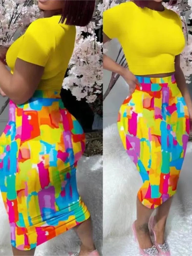 Summer Fashion Print Two Piece Sets Women Solid Short Sleeve Casual T Shirt Top & High Waist Long Skirt Sets Female Bodycon Suit