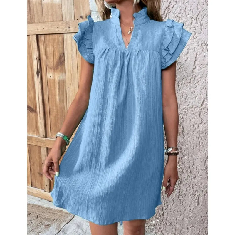 Fashionable Stand Up Collar Ruffles Sleeve Casaul Loose Mini Dress Women's Clothing New Summer Elegant White Dresses Vestidos