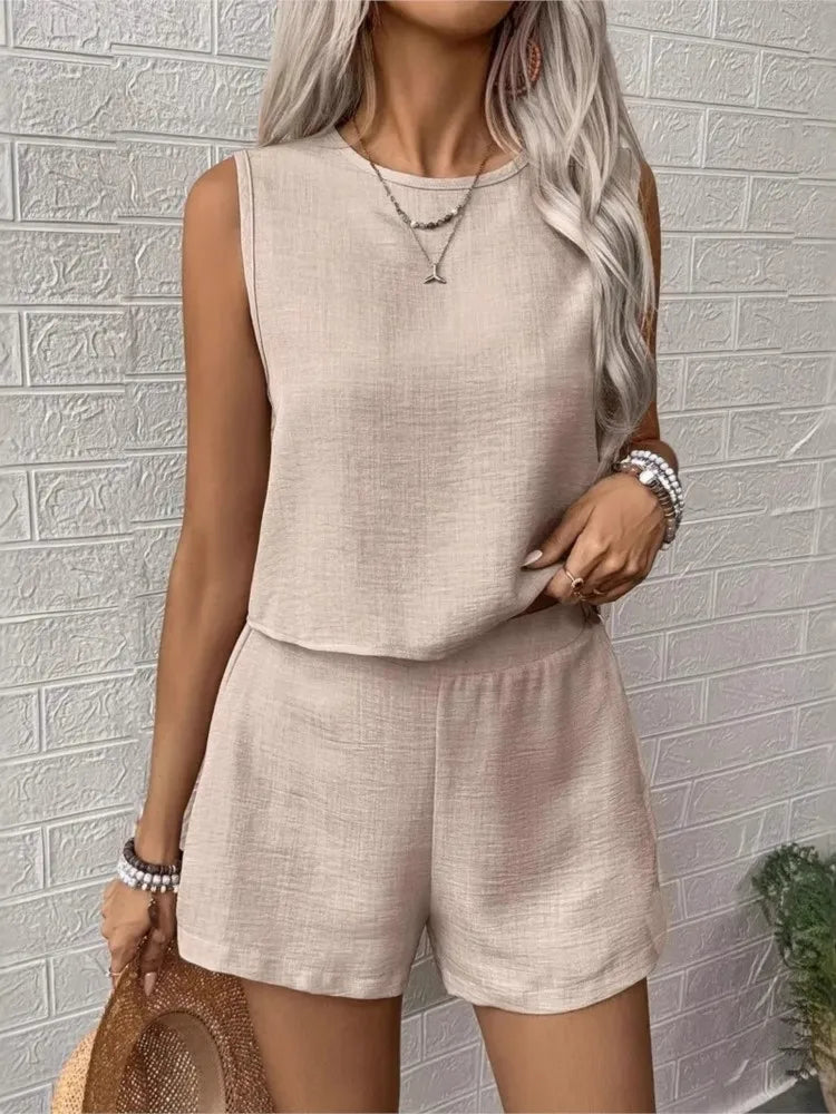 Summer Elegant Two Piece Sets Women Casual Solid O Neck Sleeveless Vest & Shorts Set New Back Hollow Beach Vacation Outfits