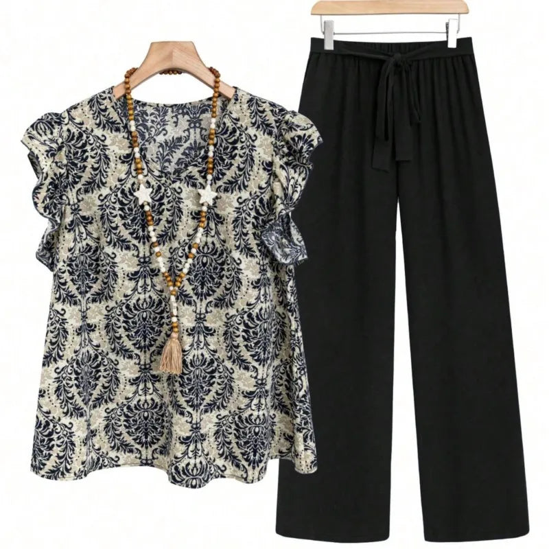 Women's Two Pieces Set Spring Summer Casual Loose Lotus Leaf Sleeve Printed Top & Belt Solid Color Wide Leg Pants Set