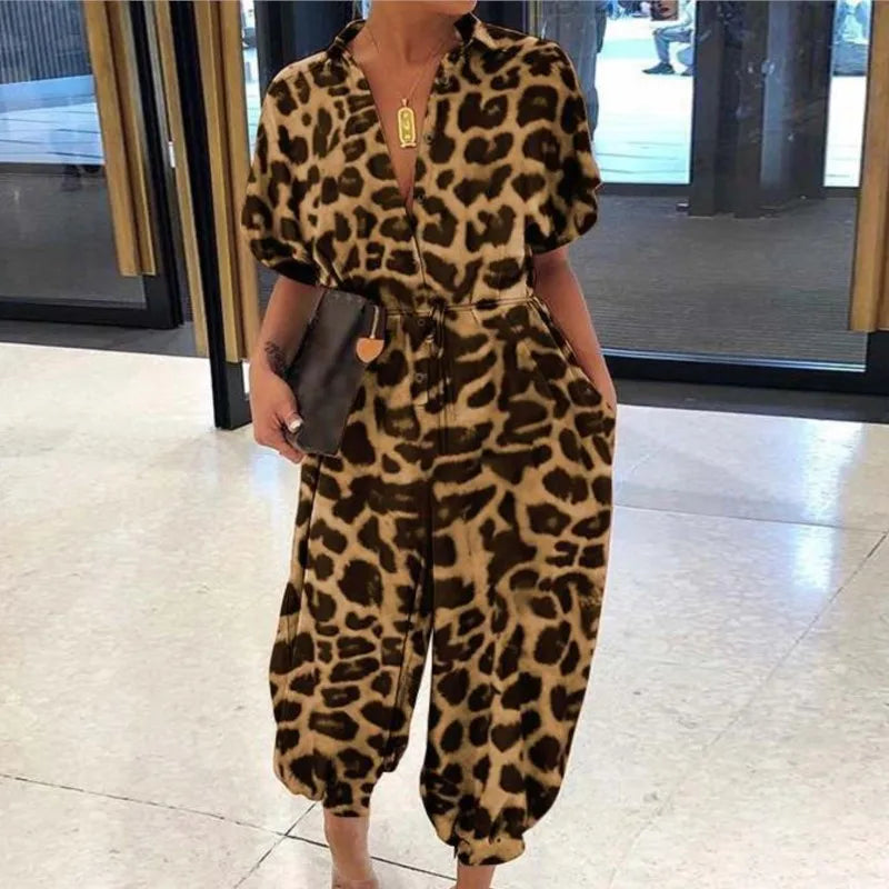 New Summer Leopard Printed Jumpsuit Women Short Sleeves Leace-up Pocket Casual Jumpsuits Fashion Vintage Ladies Bodysuits