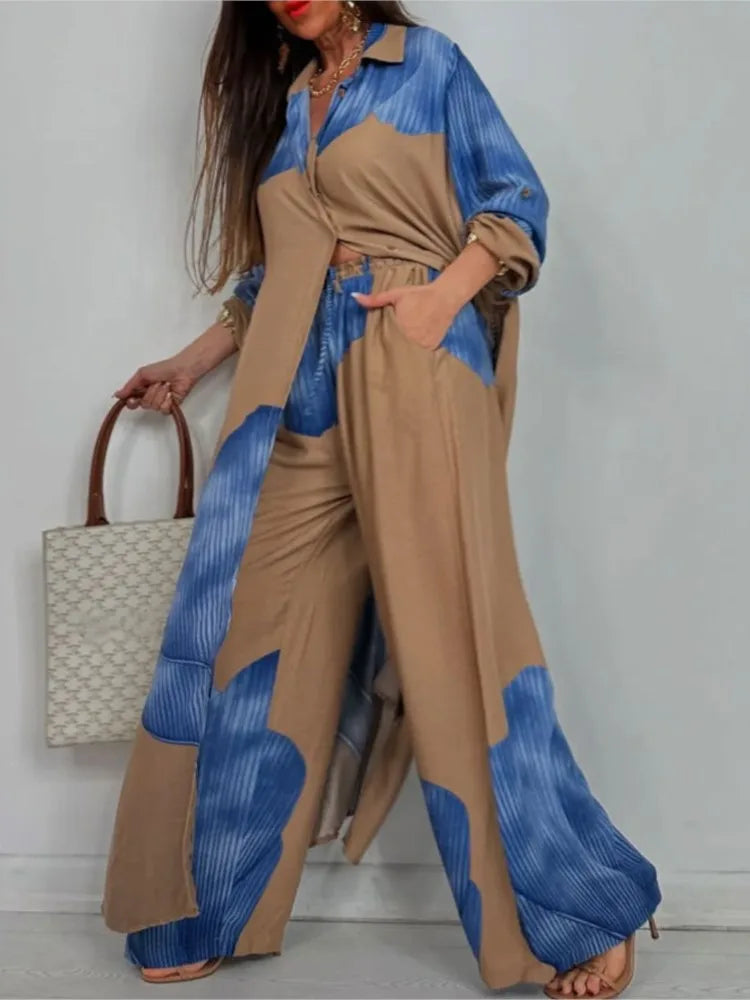 Spring Fashion Patchwork Printed Set Women Lapel Long Sleeve Single Breasted Top & Wide Leg Pants Casual Loose Two Piece Sets