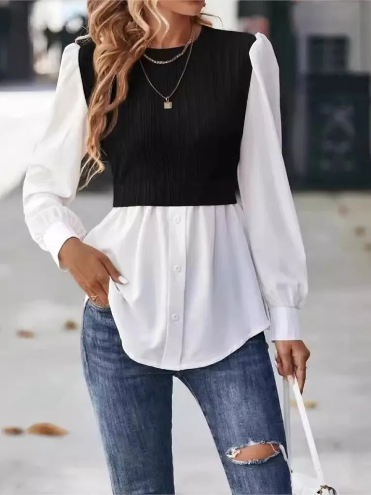 Women's White Two fake pieces Blouse Spring Autumn Casual O-neck long Sleeve Wave Strip Splicing Fashion Shirt Top Streetwear