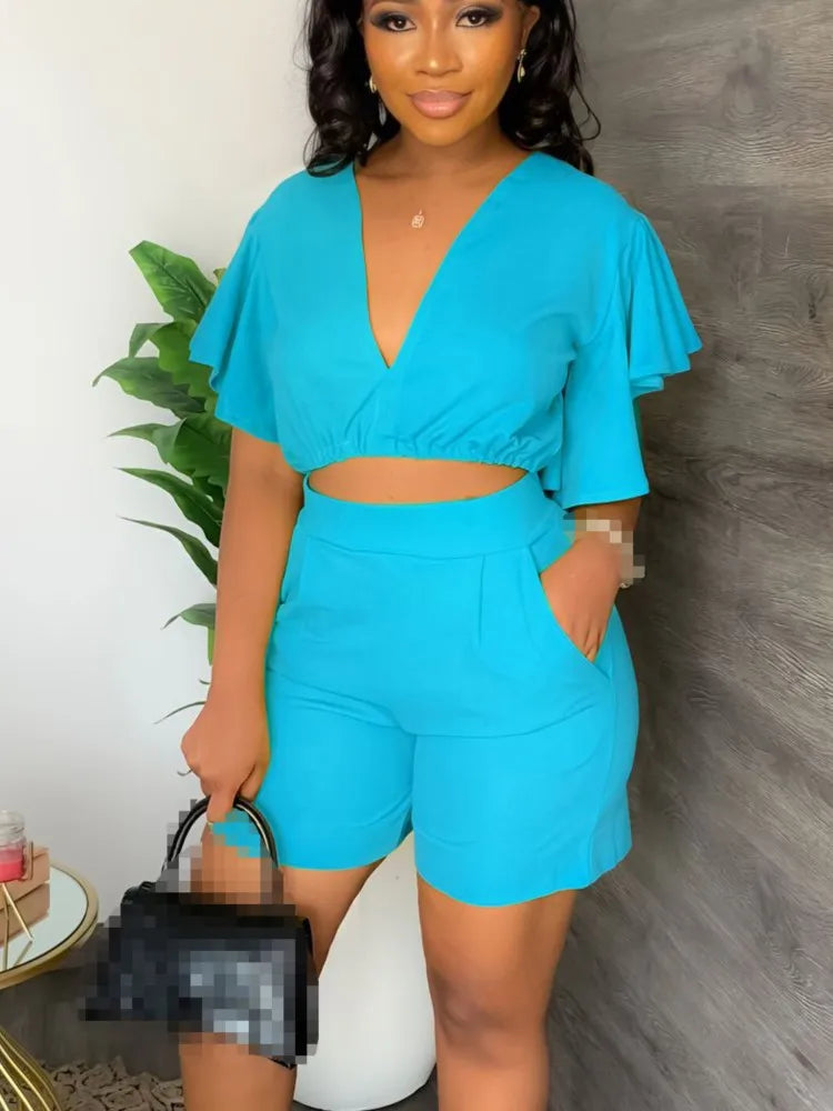 Summer Two Piece Set Women Casual Ruffles Sleeve V-neck Ruffles Sleeve Tops Shorts Two Piece Women Beach Vacation Outfits